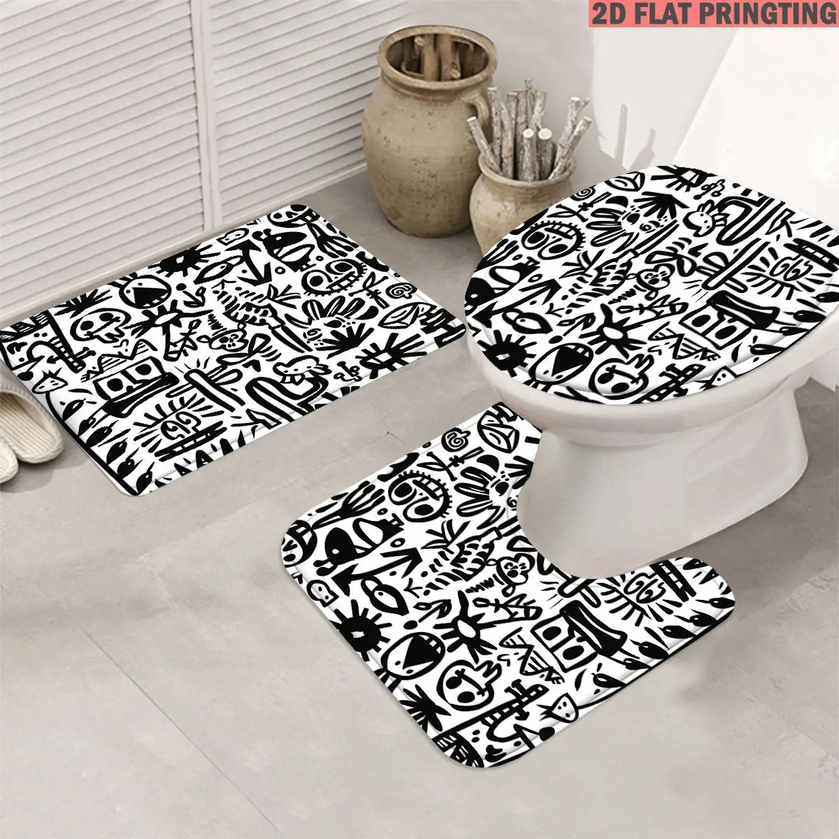 Printed Rug Abstract - 3Pcs Black White Abstract Graffiti Bathroom