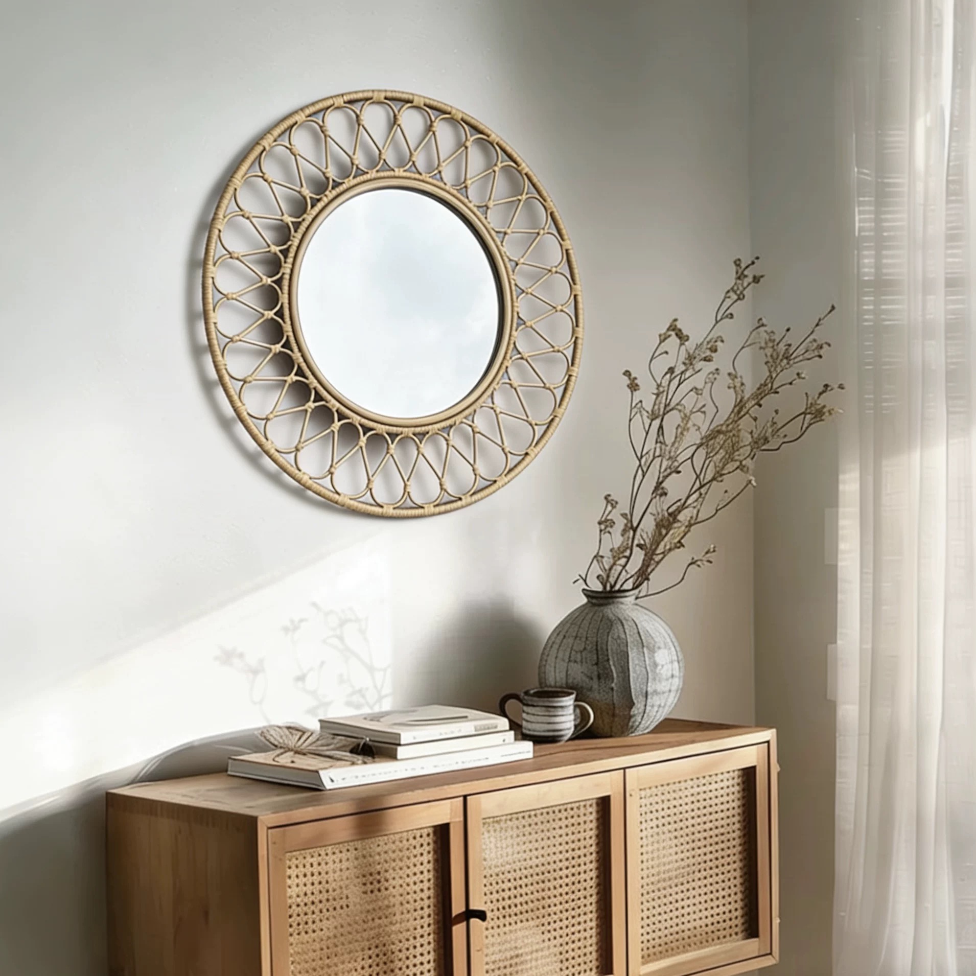 Round Rattan Wall Mirror, Natu - Rattan Mirror Round 评论和价格