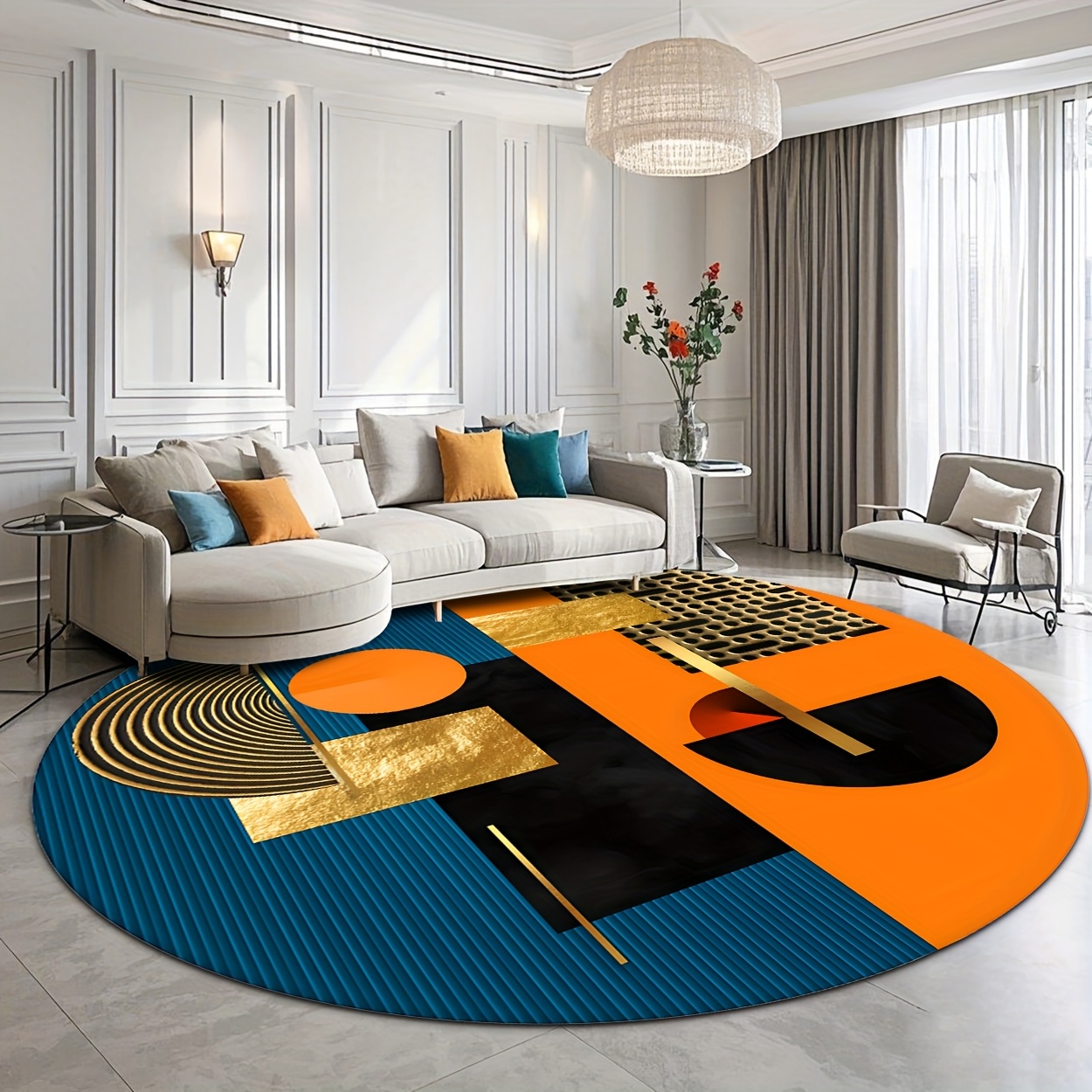 Orange Blue Gold Abstract Geom - Printed Rug Abstract 评论和价格