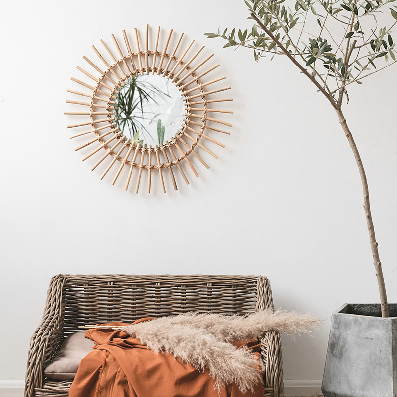Rattan hanging wall Nordic hom - Rattan Mirror Round 评论和价格