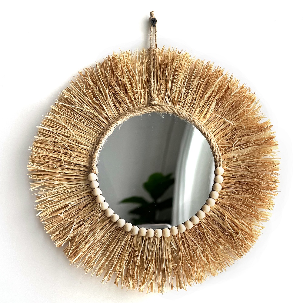 Handmade Boho Raffia Mirror Wa - Rattan Mirror Round 评论和价格