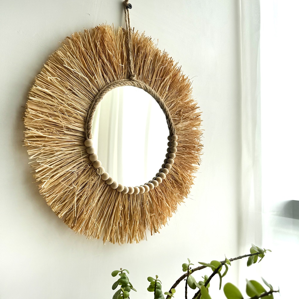 Handmade Boho Raffia Mirror Wa - Rattan Mirror Round 评论和价格