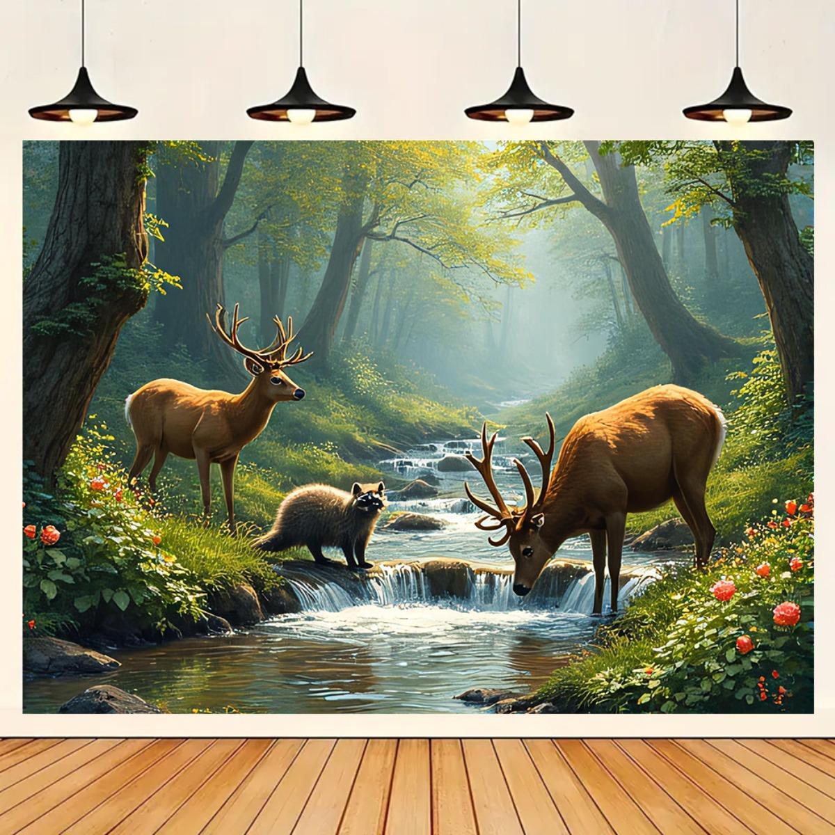 Deer Forest Stream Wall Mural  - Interior Design Hd 评论和价格